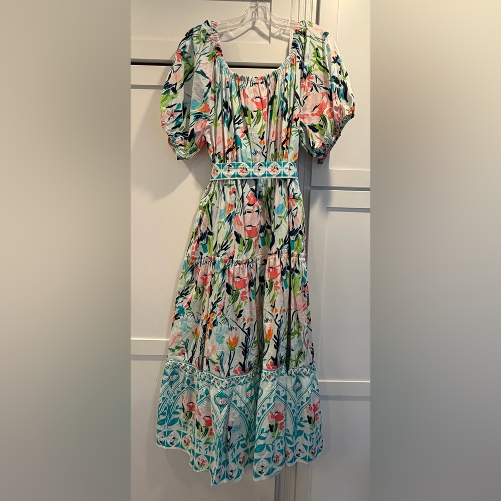Crown & Ivy Off the Shoulder Belted Maxi Dress in “Blue Multi” Sz. XL - Picture 5 of 11